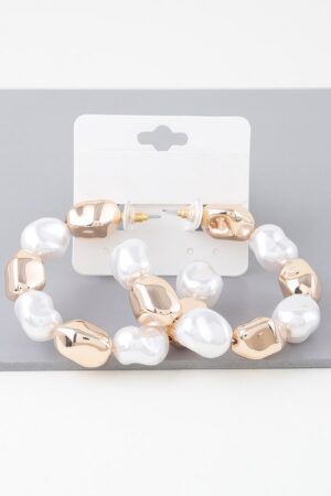 Shiny Pearl-Accented Hoop Earrings – Gold & Cream