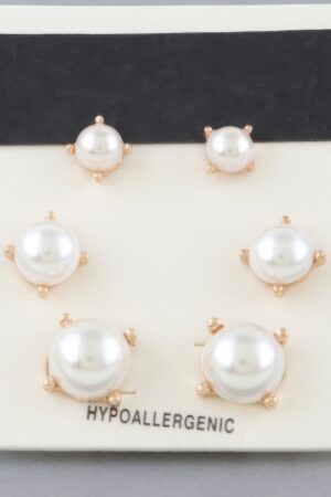 3-Pair Faux Pearl Stud Earring Set – Gold-Tone