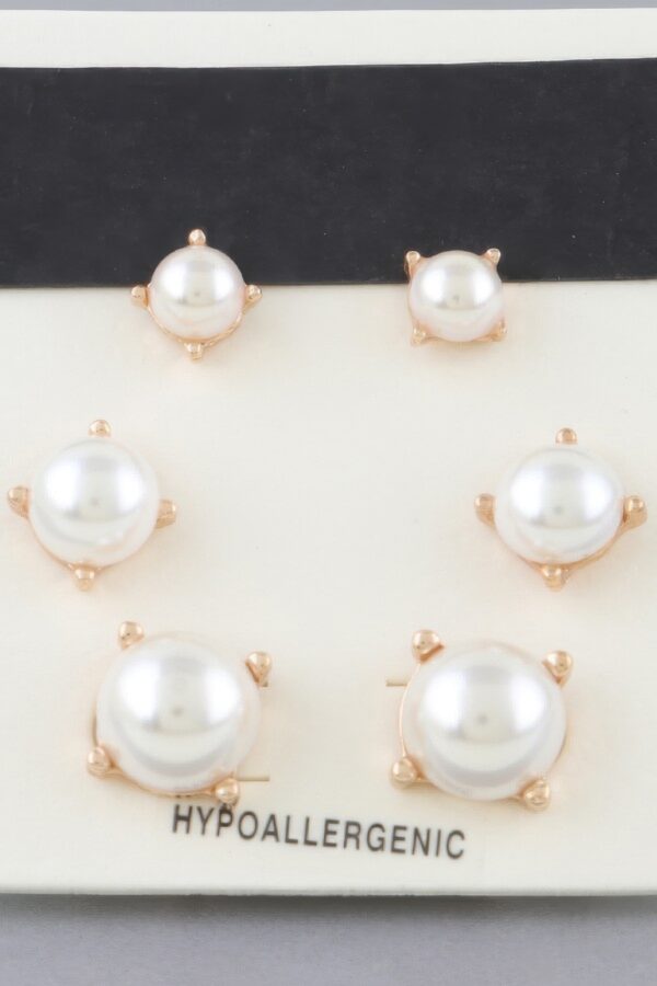3-Pair Faux Pearl Stud Earring Set – Gold-Tone