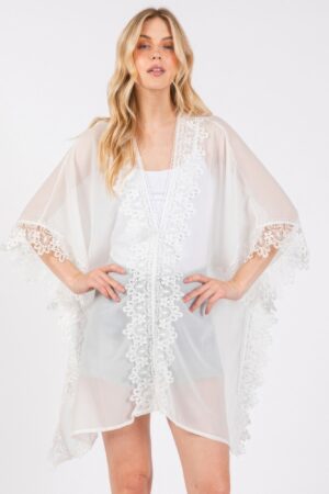 Floral Lace Sheer Poncho Cover-Up – White