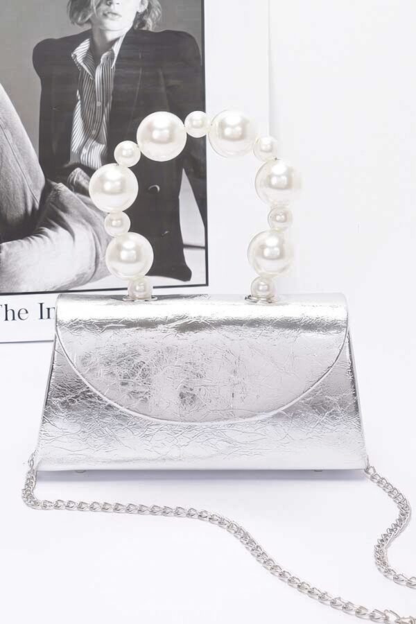 Metallic Flap Bag with Pearl-Accent Handle
