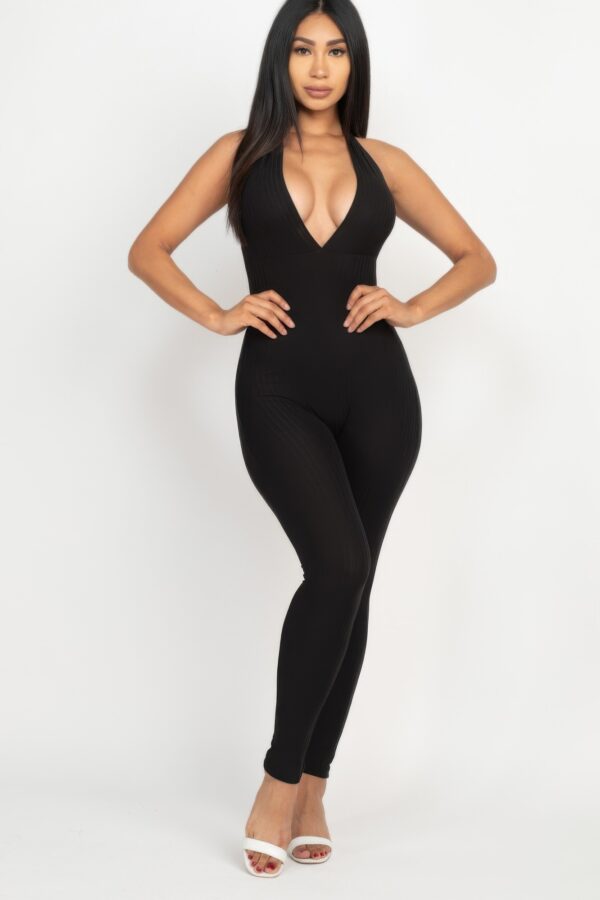 Ribbed Halter V-Neck Bodycon Jumpsuit – Full-Length