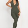 Ribbed Halter V-Neck Bodycon Jumpsuit – Full-Length