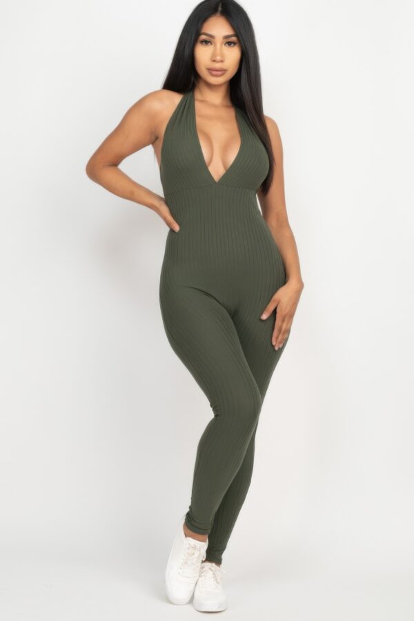 Ribbed Halter V-Neck Bodycon Jumpsuit – Full-Length