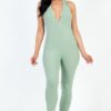 Ribbed Halter V-Neck Bodycon Jumpsuit – Full-Length