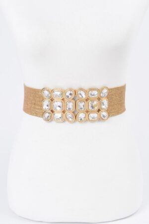 Metallic Straw Stretch Belt with Rhinestones