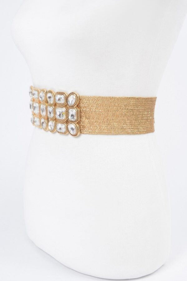 Metallic Straw Stretch Belt with Rhinestones