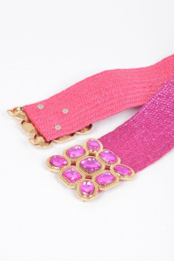 Metallic Straw Stretch Belt with Rhinestones