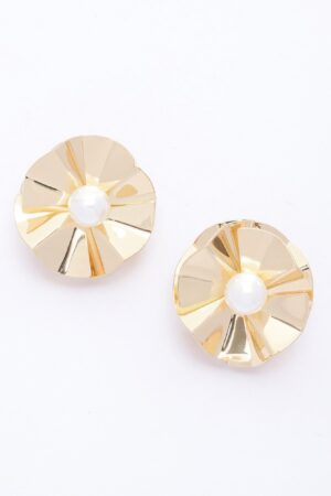 Faux Pearl Flower Metal Earrings – Gold Tone