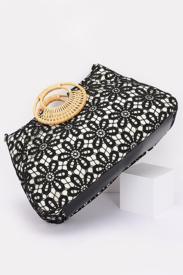 Faux Polyurethane Top-Handle Clutch with Bamboo Accent – White
