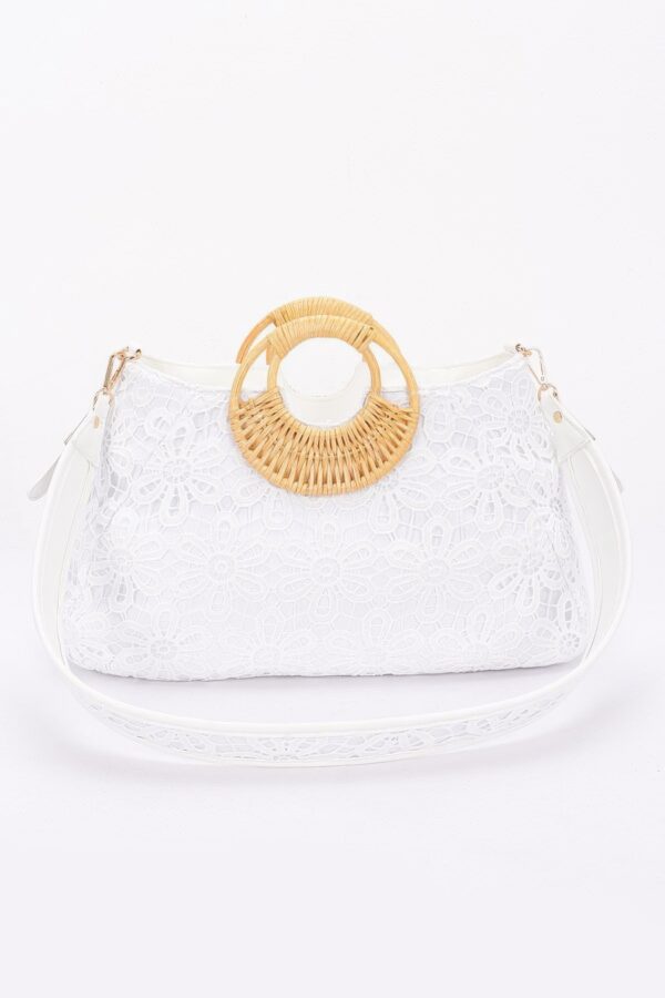 Faux Polyurethane Top-Handle Clutch with Bamboo Accent – White