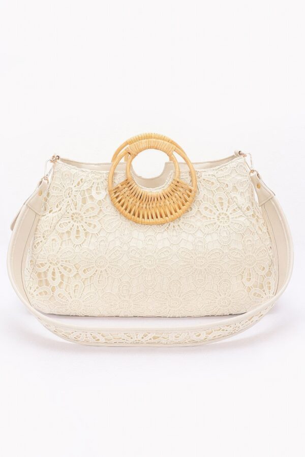 Faux Polyurethane Top-Handle Clutch with Bamboo Accent – White