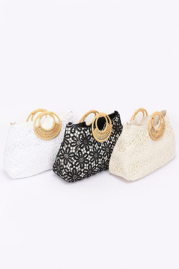 Faux Polyurethane Top-Handle Clutch with Bamboo Accent – White
