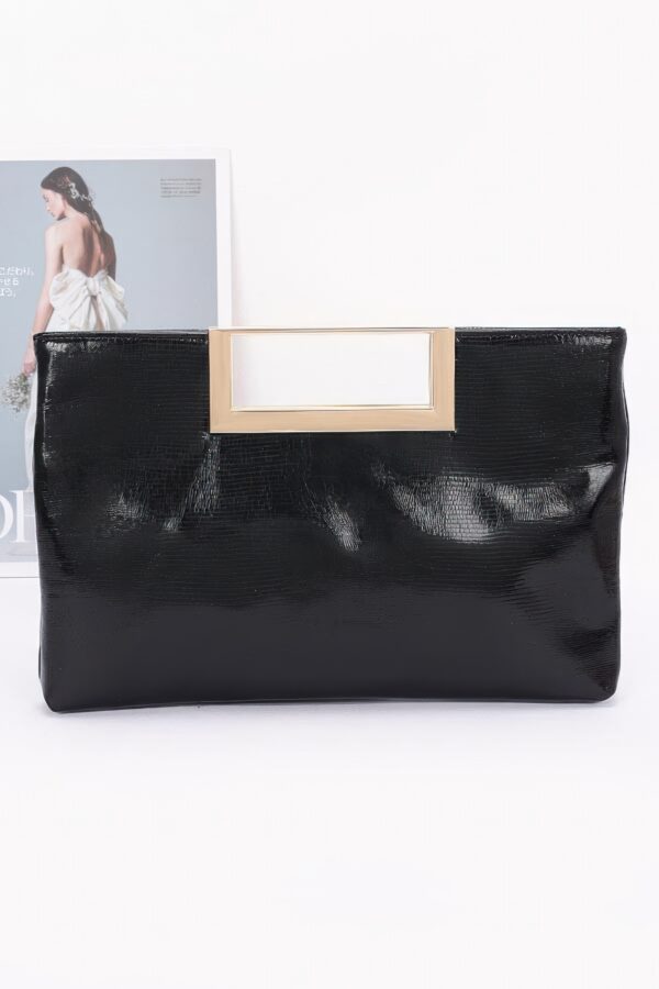 Gilded Noir Faux Leather Clutch with Gold Handle