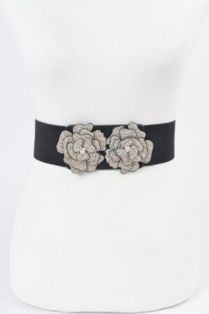 Stone Flower Elastic Belt – Rhinestone Floral Accent, Black