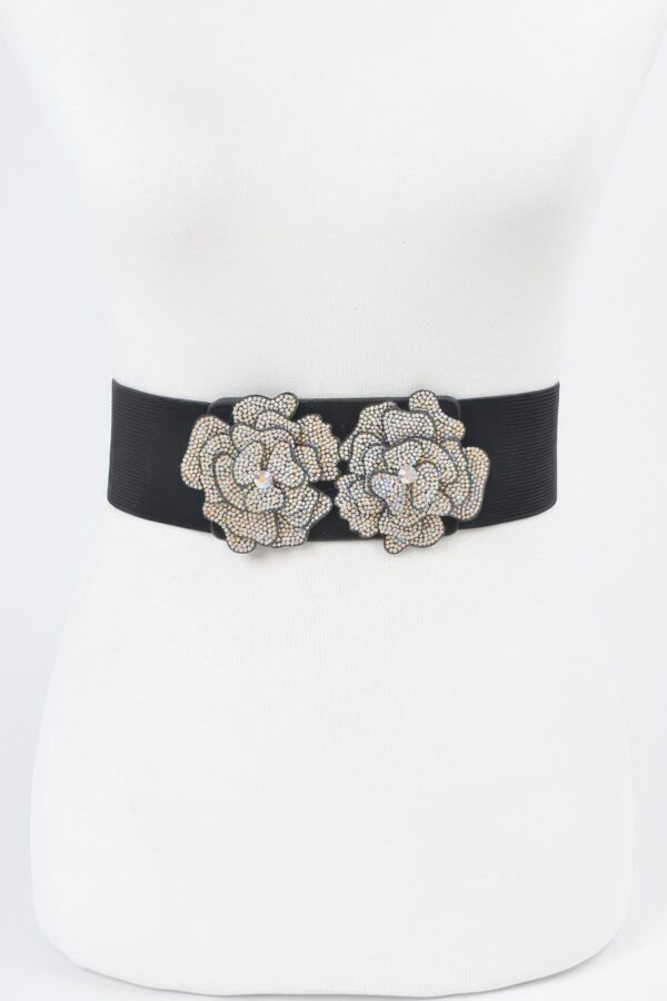 Stone Flower Elastic Belt – Rhinestone Floral Accent, Black