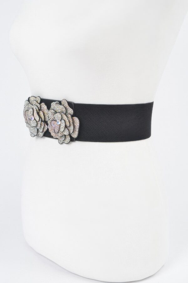 Stone Flower Elastic Belt – Rhinestone Floral Accent, Black