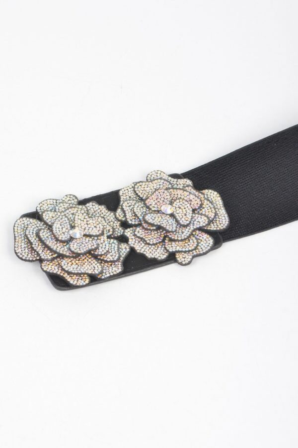 Stone Flower Elastic Belt – Rhinestone Floral Accent, Black