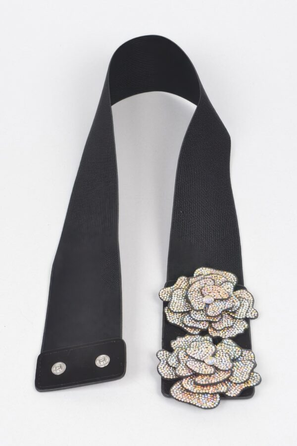 Stone Flower Elastic Belt – Rhinestone Floral Accent, Black
