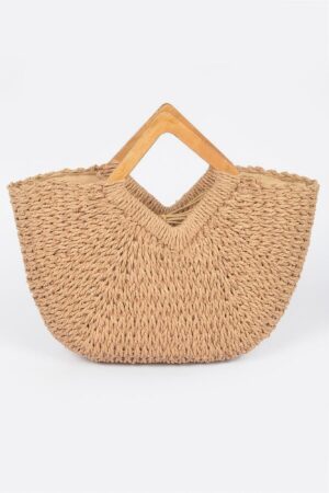 Woven Faux Straw Tote Bag with Wood Handles