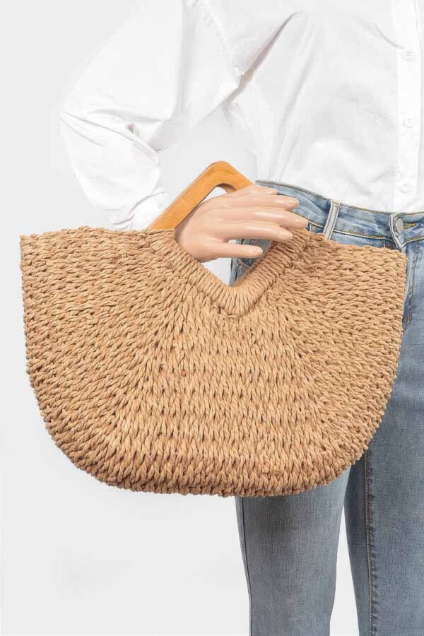 Woven Faux Straw Tote Bag with Wood Handles