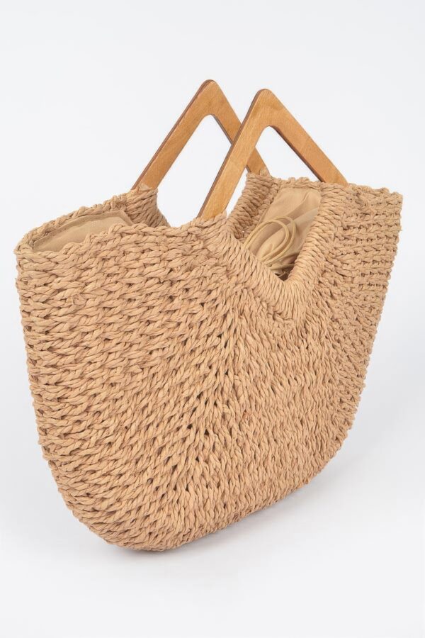 Woven Faux Straw Tote Bag with Wood Handles