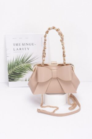 Ribbon-Chain Handle Faux Leather Party Clutch