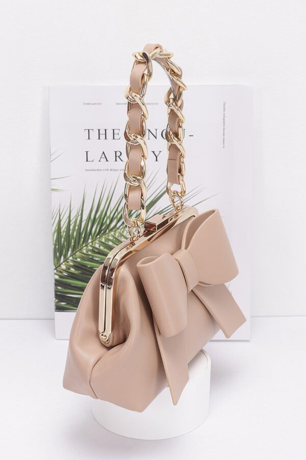 Ribbon-Chain Handle Faux Leather Party Clutch