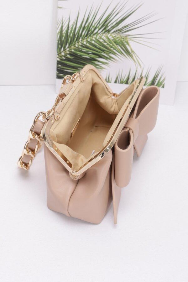 Ribbon-Chain Handle Faux Leather Party Clutch