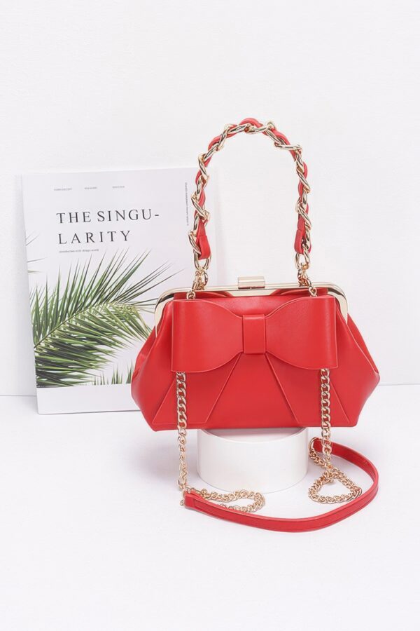 Ribbon-Chain Handle Faux Leather Party Clutch
