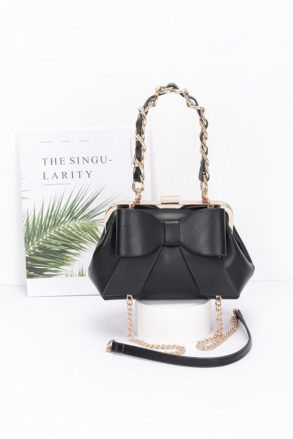 Ribbon-Chain Handle Faux Leather Party Clutch