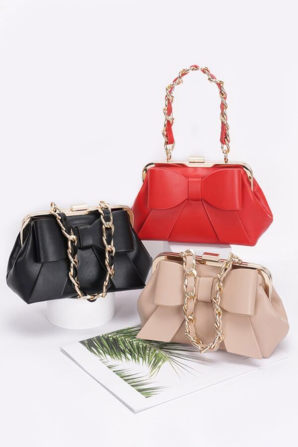 Ribbon-Chain Handle Faux Leather Party Clutch