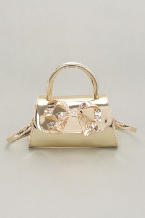 Faux Mirror Leather Top-Handle Bag with Ribbon Bow
