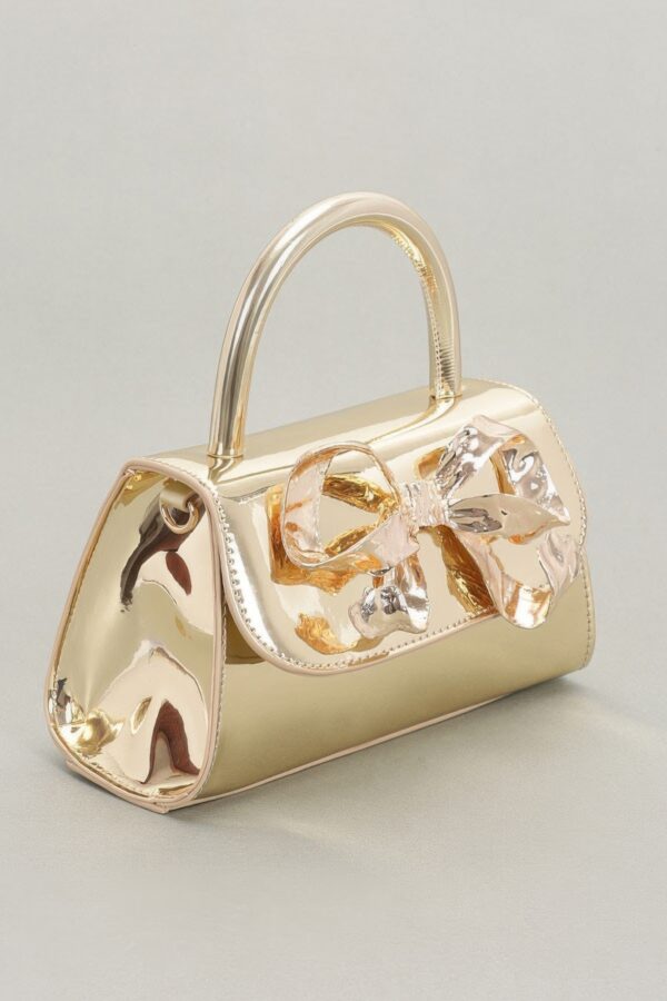 Faux Mirror Leather Top-Handle Bag with Ribbon Bow