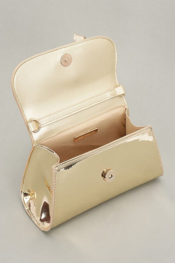 Faux Mirror Leather Top-Handle Bag with Ribbon Bow