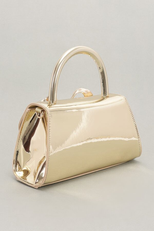 Faux Mirror Leather Top-Handle Bag with Ribbon Bow