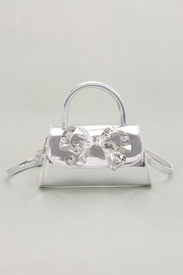 Faux Mirror Leather Top-Handle Bag with Ribbon Bow