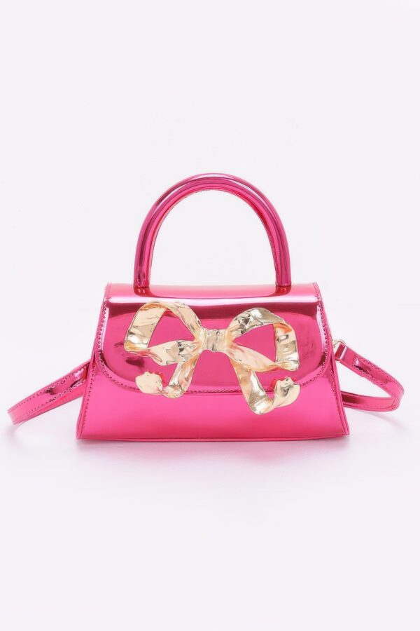 Faux Mirror Leather Top-Handle Bag with Ribbon Bow