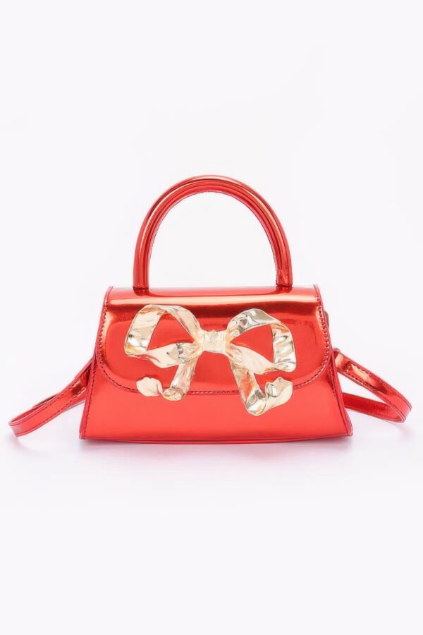 Faux Mirror Leather Top-Handle Bag with Ribbon Bow
