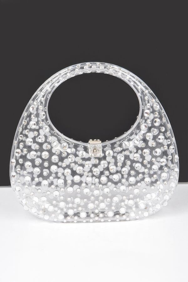 Clear Acrylic Rhinestone Clutch with Mixed Metal Accents
