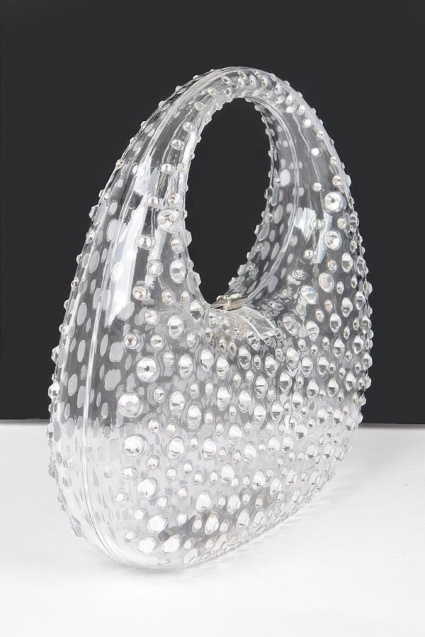 Clear Acrylic Rhinestone Clutch with Mixed Metal Accents