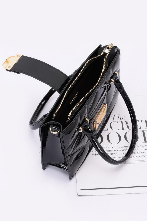 Embossed Enamel Handle Clutch – Structured Faux Leather