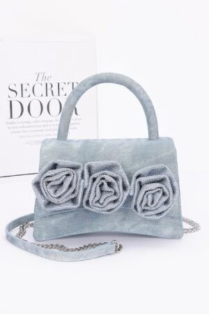 Rhinestone Flower Top-Handle Bag – Denim & Faux Leather