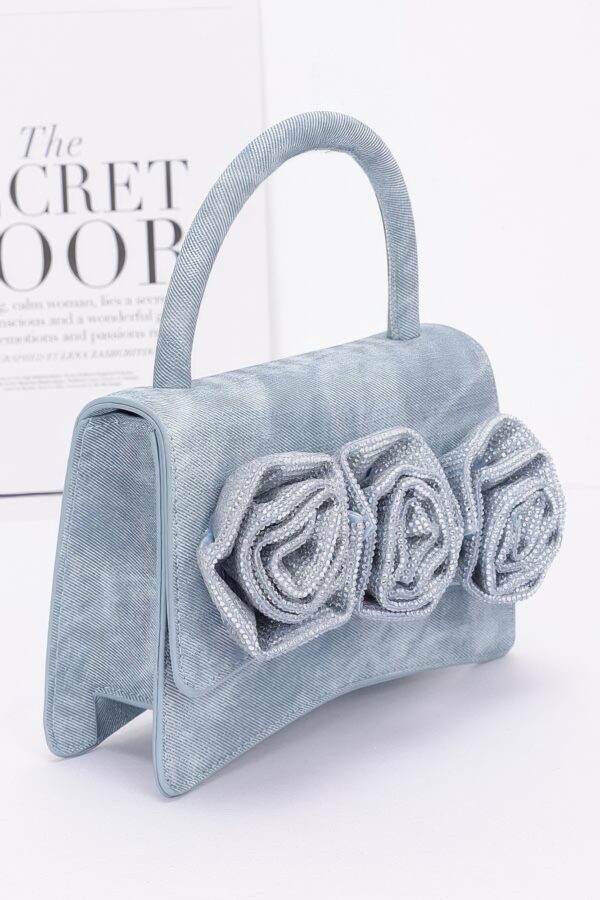 Rhinestone Flower Top-Handle Bag – Denim & Faux Leather