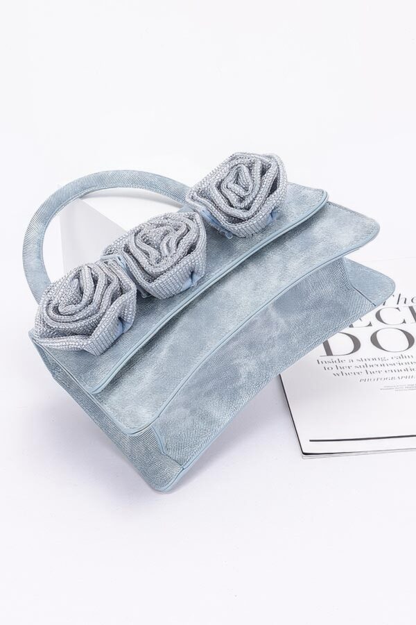 Rhinestone Flower Top-Handle Bag – Denim & Faux Leather