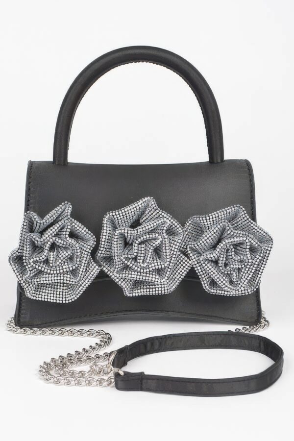 Rhinestone Flower Top-Handle Bag – Denim & Faux Leather