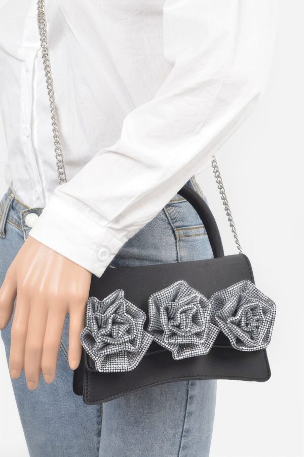 Rhinestone Flower Top-Handle Bag – Denim & Faux Leather