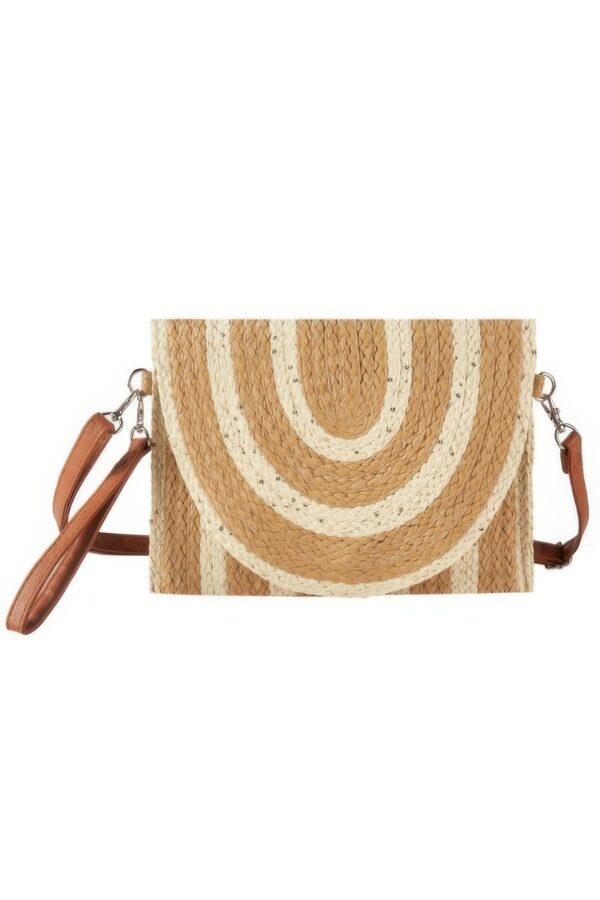 Two-Tone Sequin Straw Clutch with Brown Strap