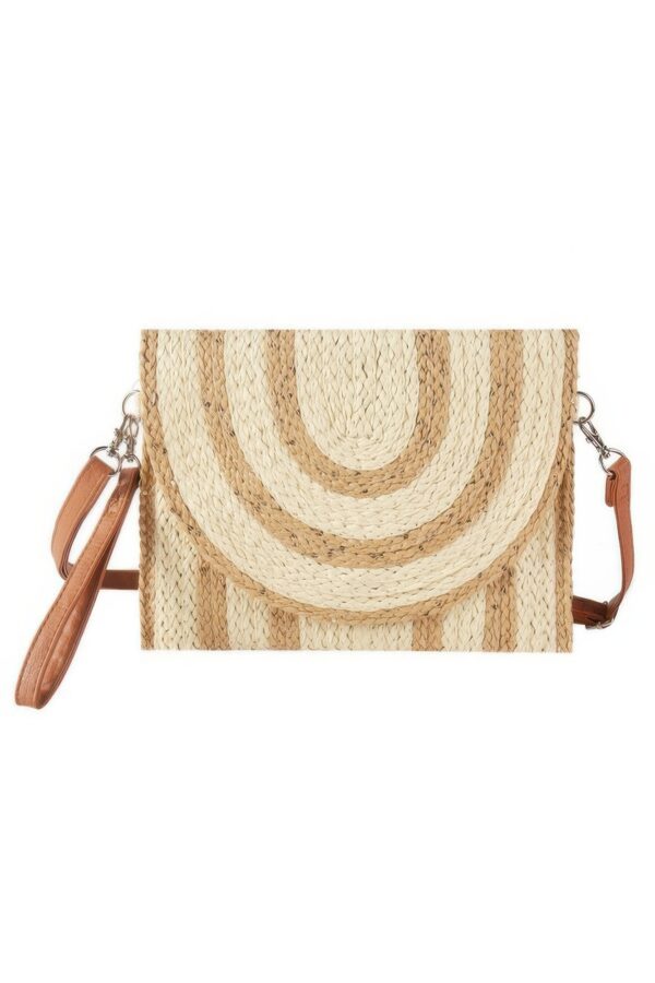 Two-Tone Sequin Straw Clutch with Brown Strap