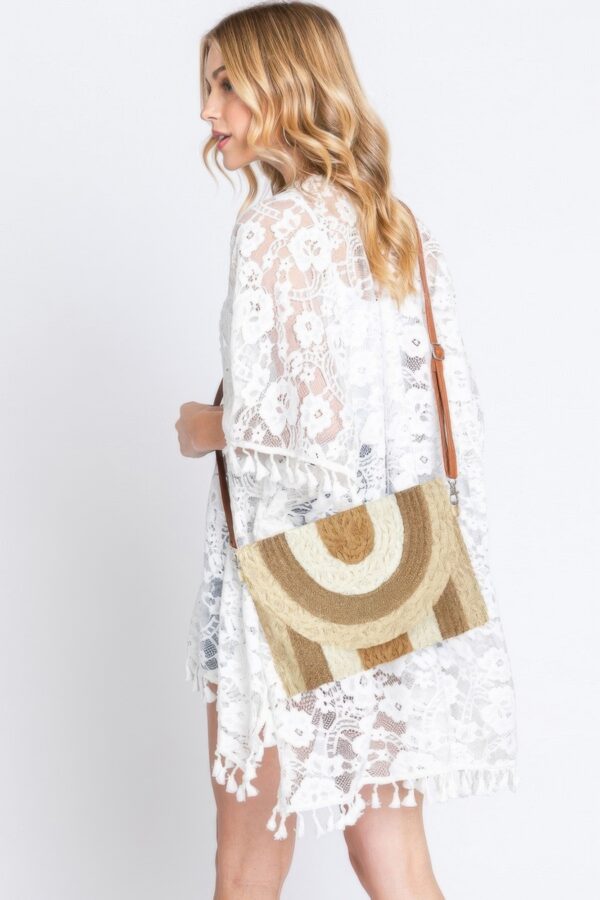 Metallic-Trim Multicolor Straw Clutch Crossbody Bag